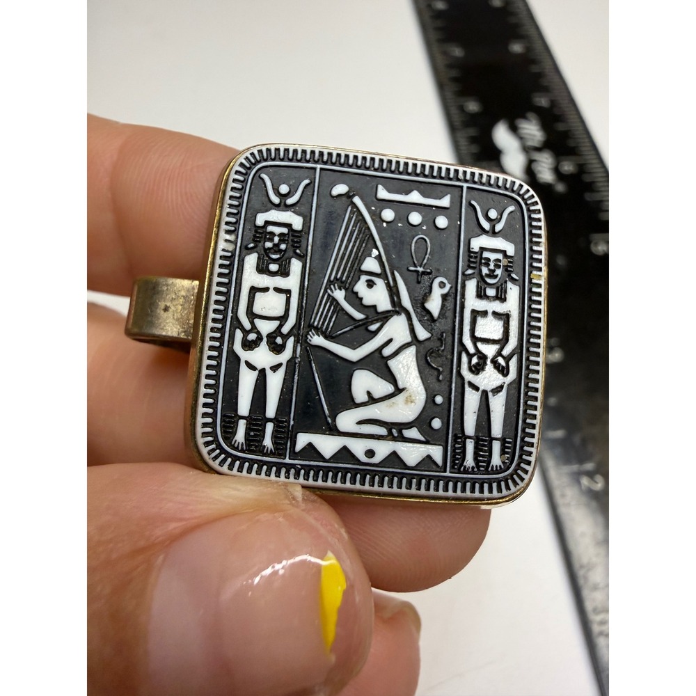 Egyptian Revival Scarf Clip Tie Slide Black White Harp Hieroglyph Gold Tone
